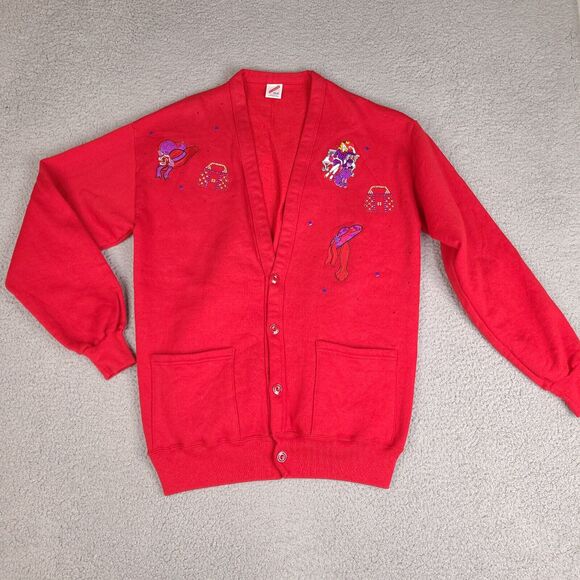Vintage Jerzees Cardigan Sweater Womens One Size Red Embroidered Lady Poodle‎ - Picture 1 of 15